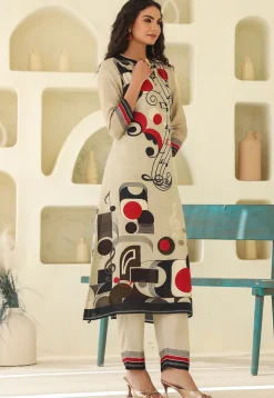 Digital Printed Art Silk Straight Kurta Set in Beige