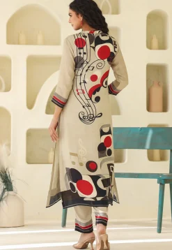 Digital Printed Art Silk Straight Kurta Set in Beige