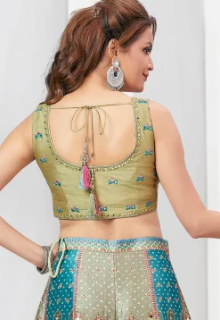 Digital Printed Art Silk Crop Top Set in Dusty Green