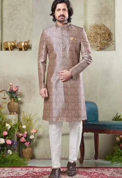 Digital Printed Art Silk Sherwani in Cream and Brown
