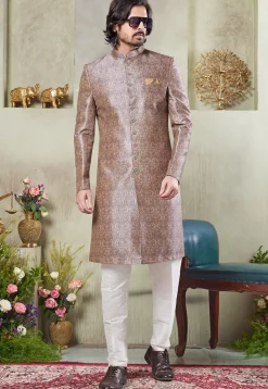 Digital Printed Art Silk Sherwani in Cream and Brown