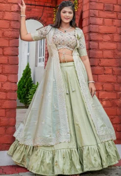 Digital Printed Art Silk Lehenga in Pastel Green