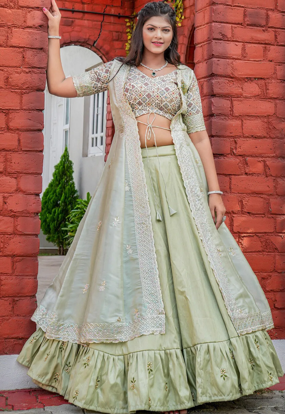 Digital Printed Art Silk Lehenga in Pastel Green