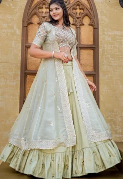Digital Printed Art Silk Lehenga in Pastel Green