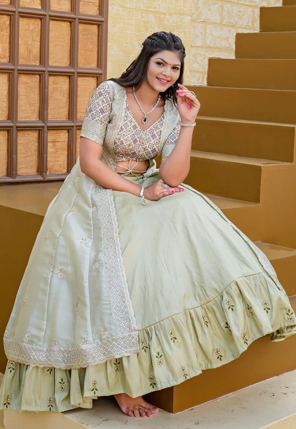Digital Printed Art Silk Lehenga in Pastel Green
