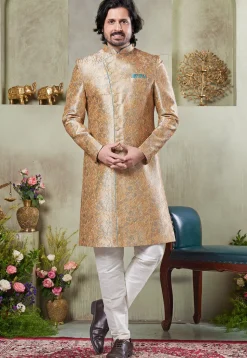Digital Printed Art Silk Sherwani in Beige