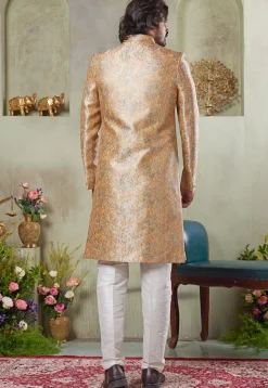 Digital Printed Art Silk Sherwani in Beige