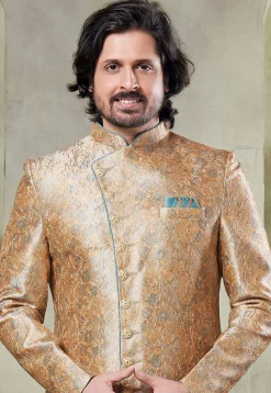 Digital Printed Art Silk Sherwani in Beige