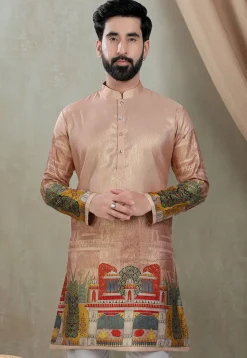 Digital Printed Art Silk Kurta in Peach