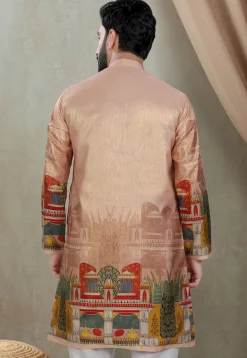 Digital Printed Art Silk Kurta in Peach