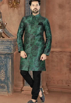 Digital Printed Art Silk Sherwani in Dark Green