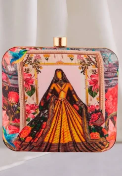 Digital Printed Art Silk Square Clutch Bag in Multicolor