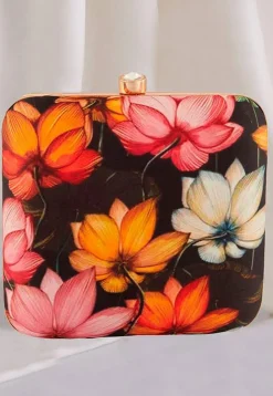 Digital Printed Art Silk Square Clutch Bag in Multicolor