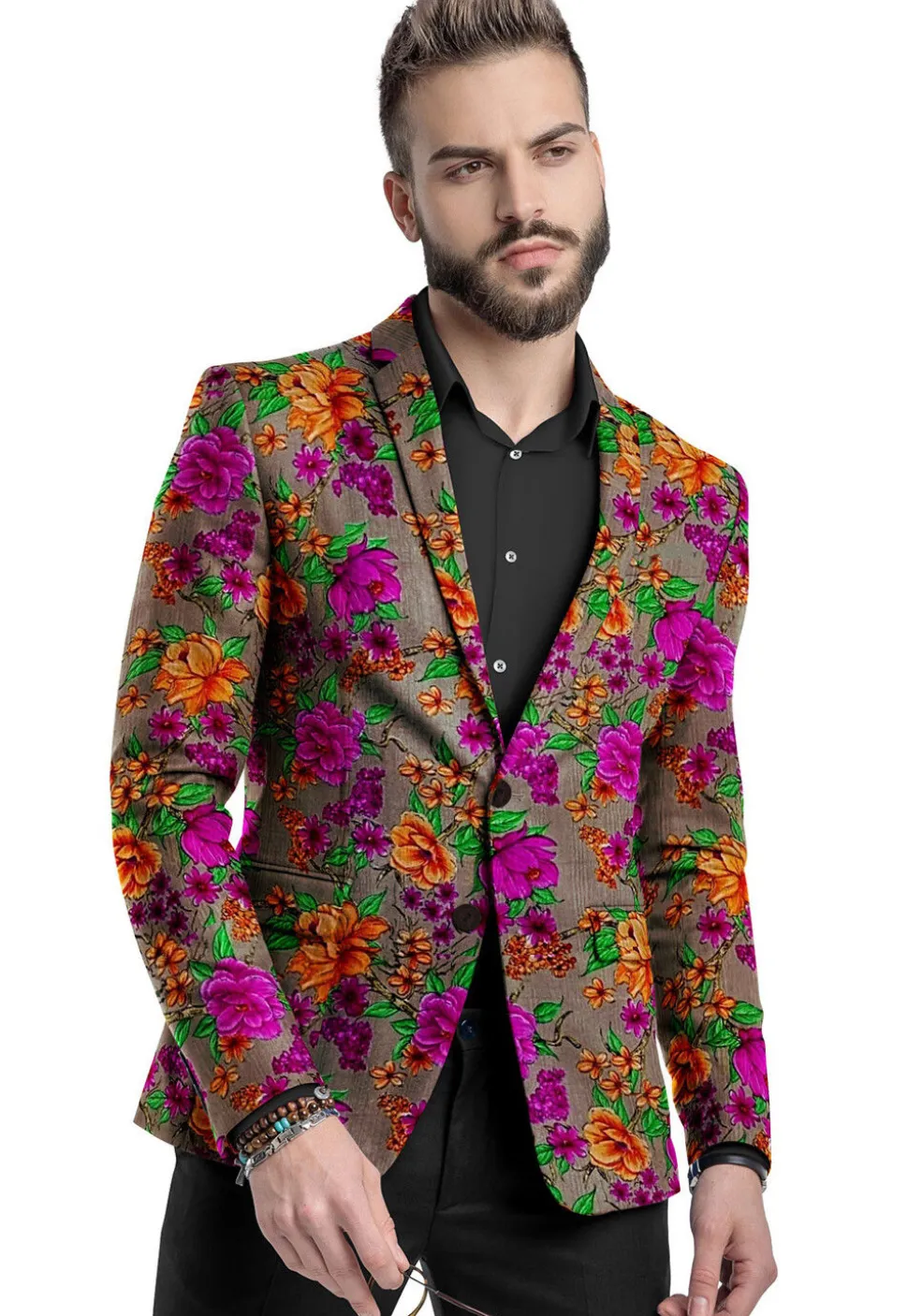 Digital Printed Art Silk Blazer in Dark Beige
