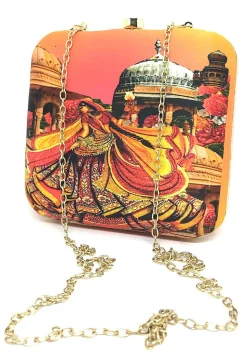 Digital Printed Art Silk Square Clutch Bag in Multicolor