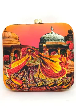 Digital Printed Art Silk Square Clutch Bag in Multicolor