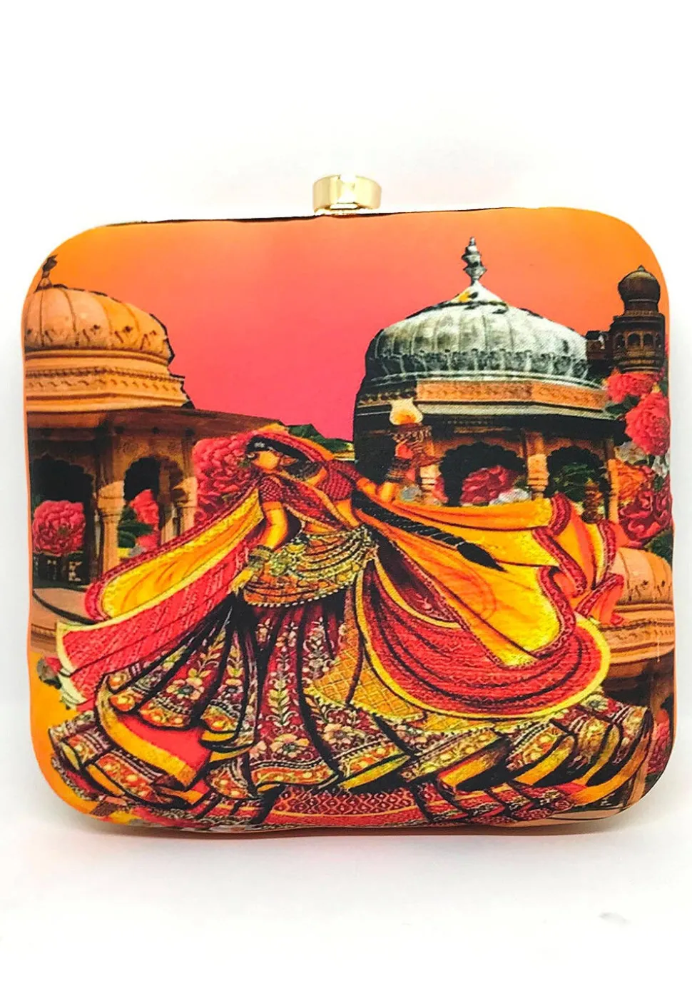 Digital Printed Art Silk Square Clutch Bag in Multicolor