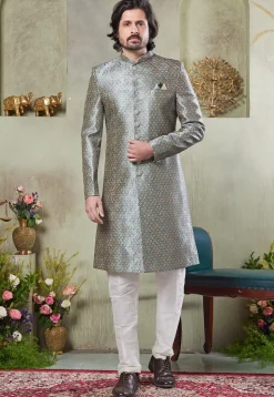 Digital Printed Art Silk Sherwani in Dusty Green