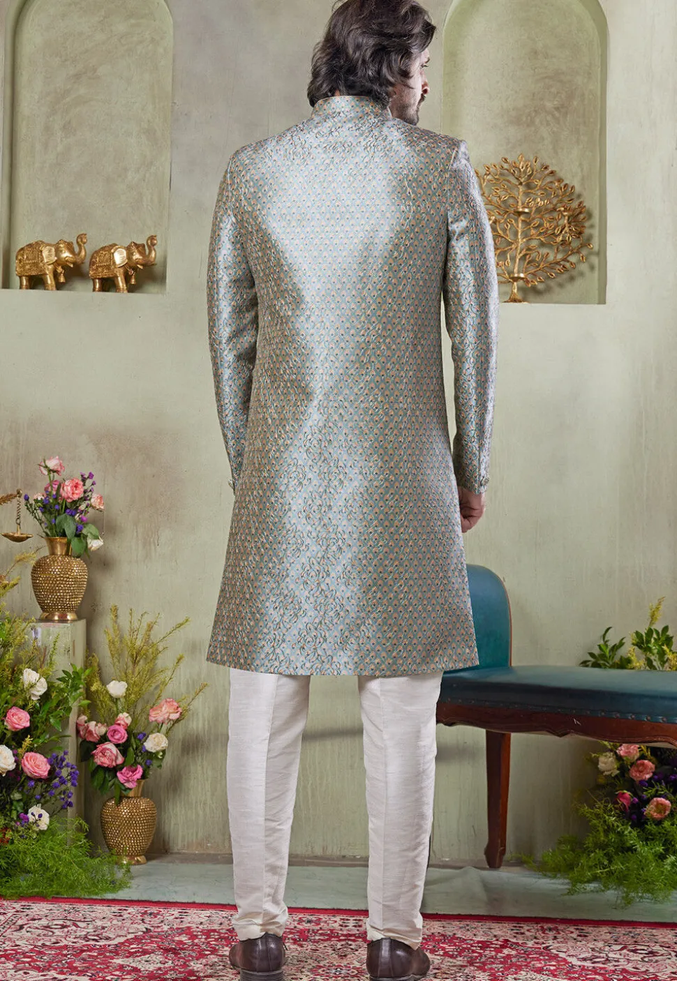 Digital Printed Art Silk Sherwani in Dusty Green