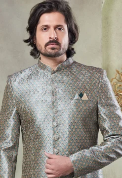 Digital Printed Art Silk Sherwani in Dusty Green