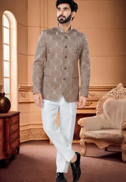 Digital Printed Art Silk Jodhpuri Suit in Brown
