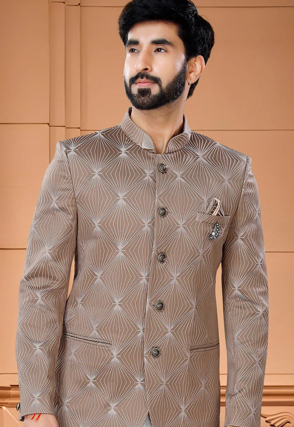 Digital Printed Art Silk Jodhpuri Suit in Brown