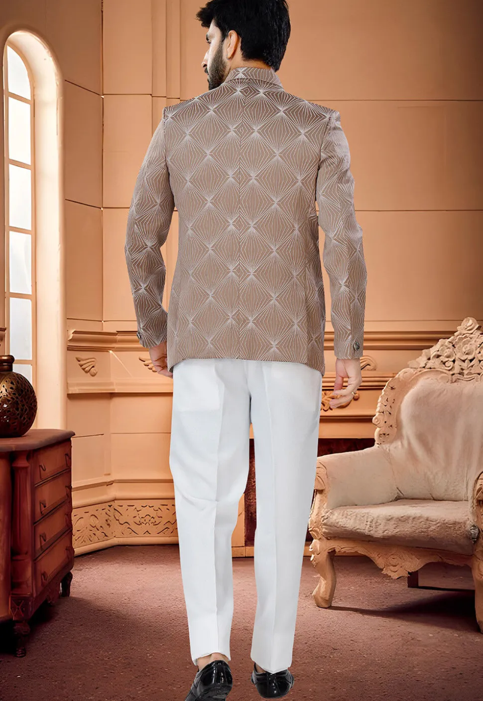 Digital Printed Art Silk Jodhpuri Suit in Brown