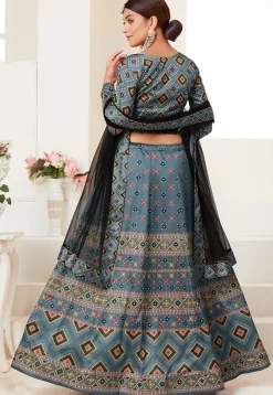 Digital Printed Art Silk Lehenga in Teal Blue