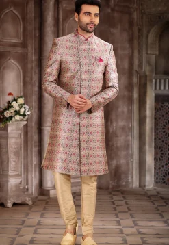 Digital Printed Art Silk Sherwani in Peach