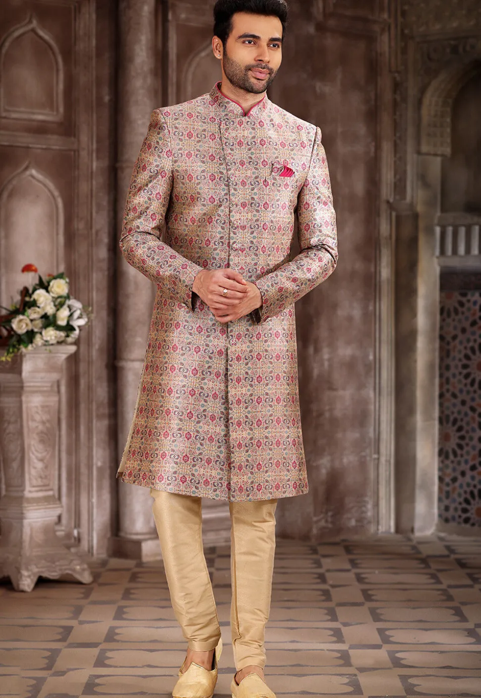 Digital Printed Art Silk Sherwani in Peach