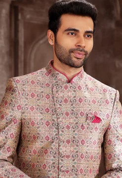 Digital Printed Art Silk Sherwani in Peach