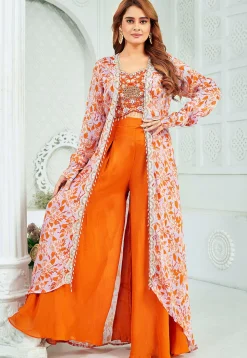 Digital Printed Art Silk Crop Top Set in Orange