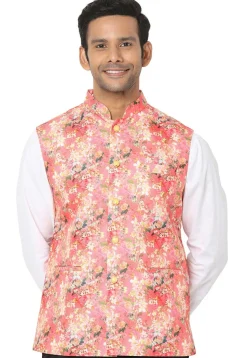 Digital Printed Art Silk Nehru Jacket in Coral Red