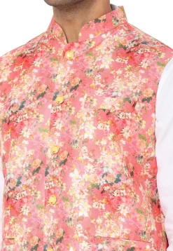 Digital Printed Art Silk Nehru Jacket in Coral Red
