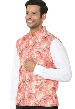 Digital Printed Art Silk Nehru Jacket in Coral Red