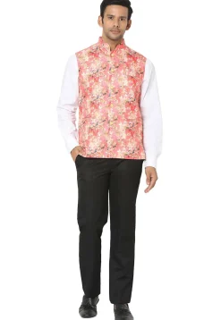 Digital Printed Art Silk Nehru Jacket in Coral Red
