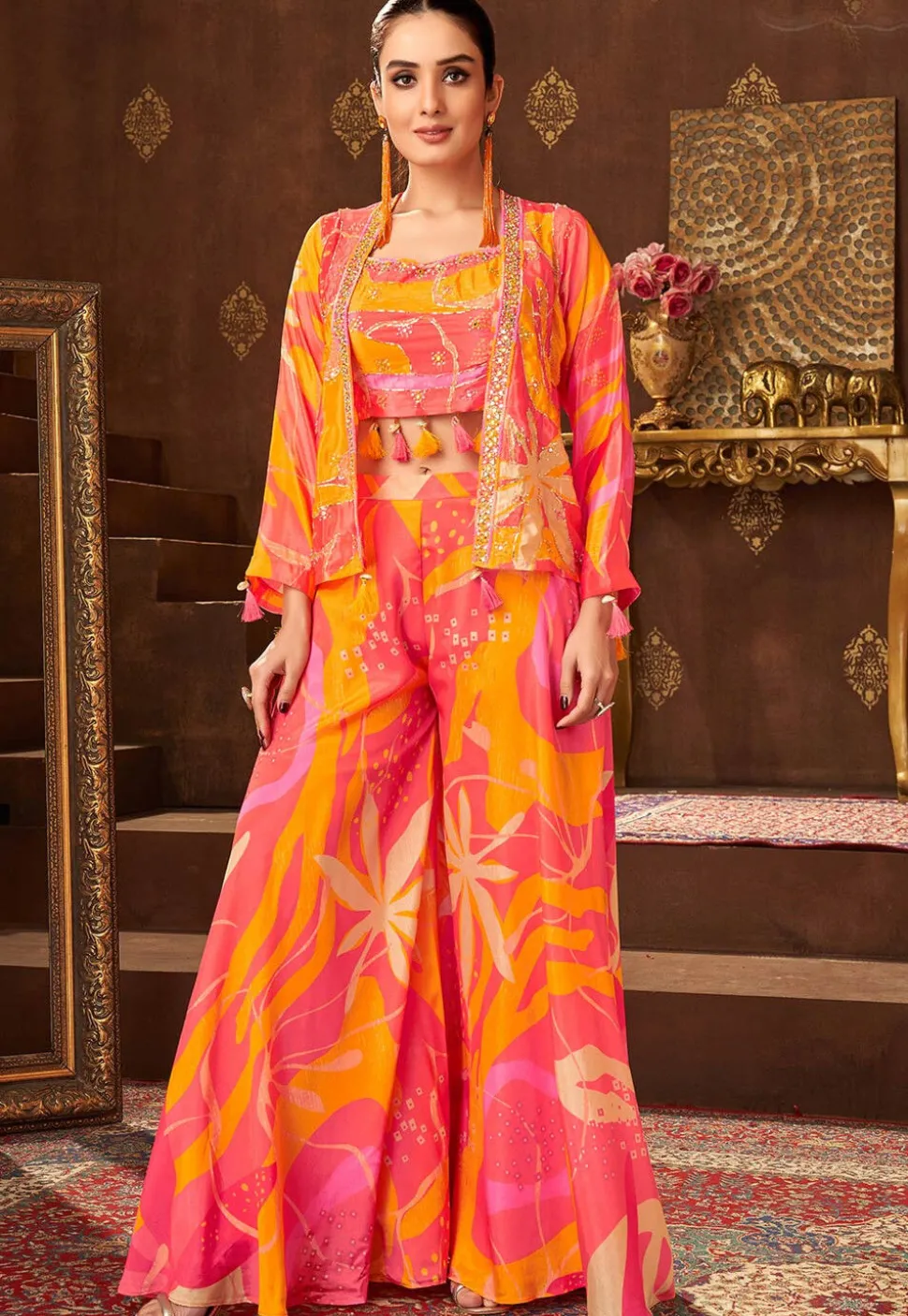 Digital Printed Art Silk Crop Top Set in Pink and Yellow
