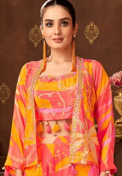 Digital Printed Art Silk Crop Top Set in Pink and Yellow