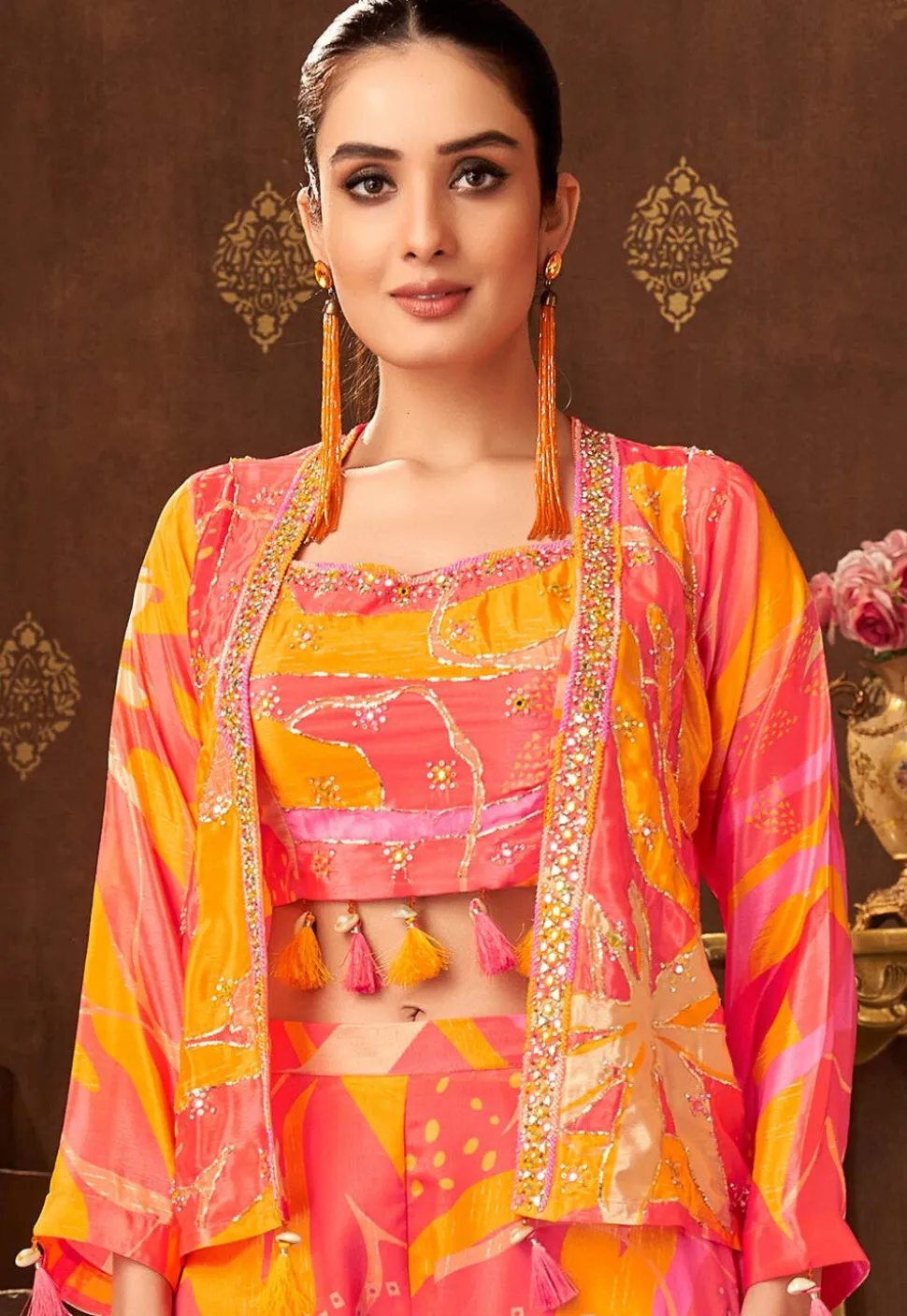 Digital Printed Art Silk Crop Top Set in Pink and Yellow