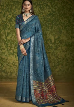 Digital Printed Art Silk Saree in Teal Blue