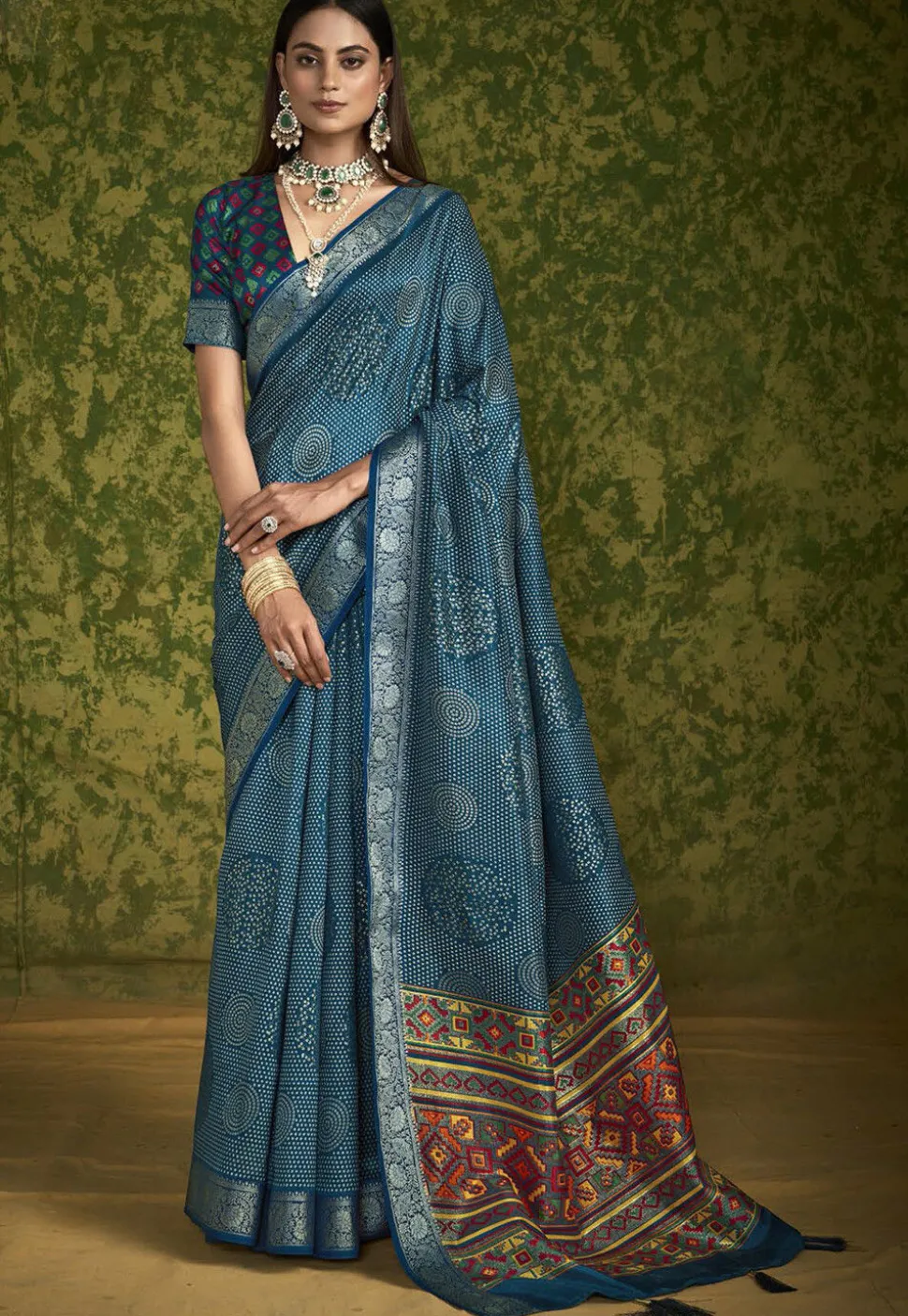 Digital Printed Art Silk Saree in Teal Blue