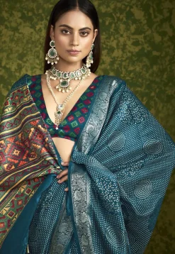 Digital Printed Art Silk Saree in Teal Blue