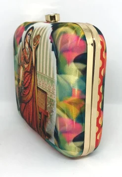 Digital Printed Art Silk Square Clutch Bag in Multicolor