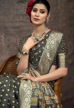 Digital Printed Art Silk Saree in Dusty Green