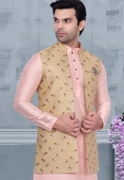 Digital Printed Art Silk Nehru Jacket in Beige