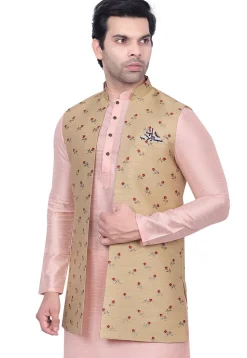 Digital Printed Art Silk Nehru Jacket in Beige