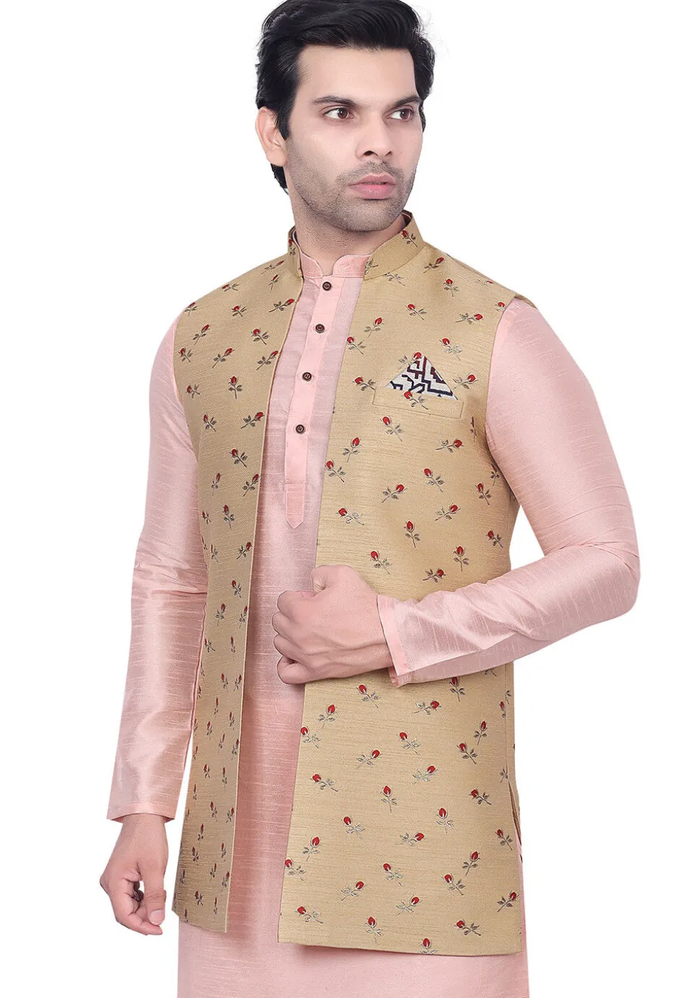 Digital Printed Art Silk Nehru Jacket in Beige