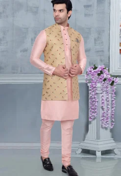 Digital Printed Art Silk Nehru Jacket in Beige