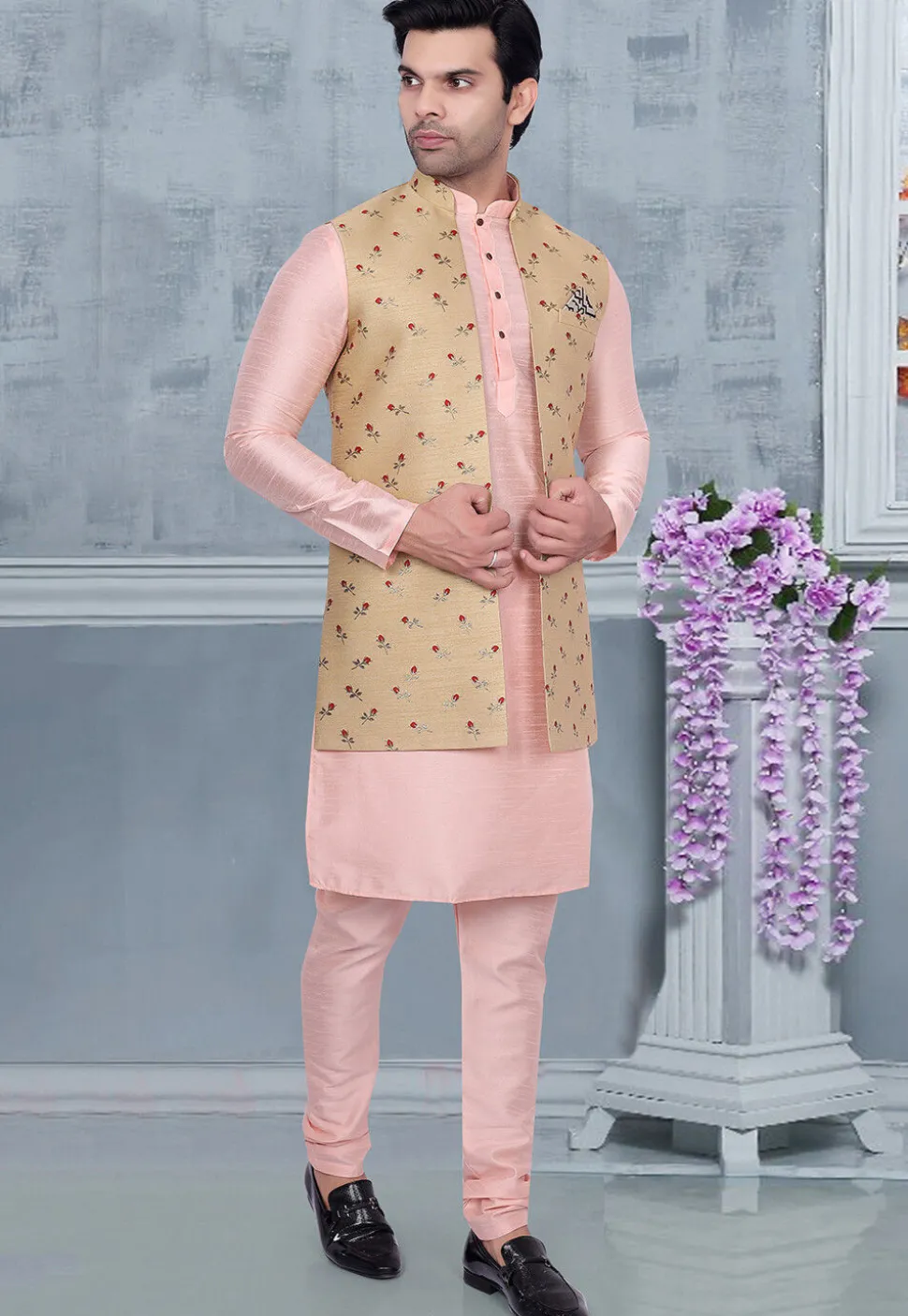 Digital Printed Art Silk Nehru Jacket in Beige