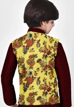 Digital Printed Art Silk Nehru Jacket in Pastel Yellow